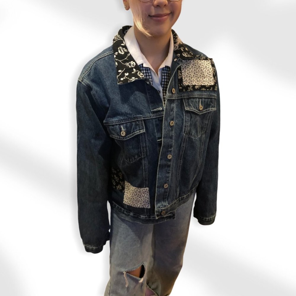 Up Cycled Denim Jacket Custom Patch Work Button Up - image 2